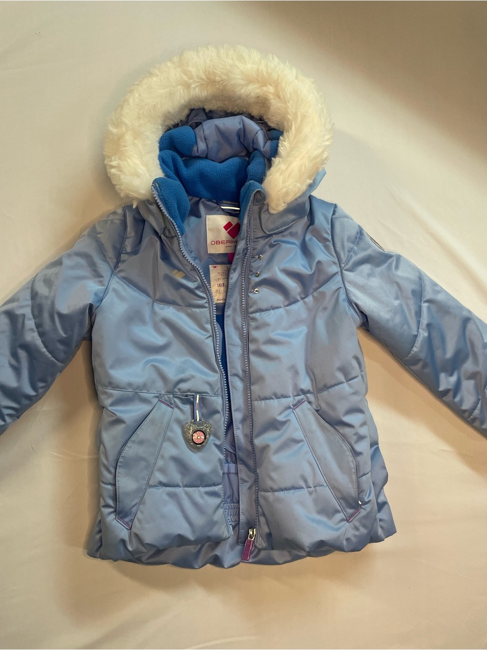 Obermeyer Light Blue Girls' Puffer Jacket with Faux Fur Trim Hood
